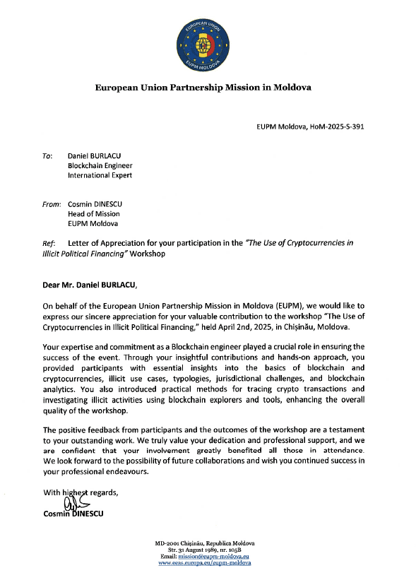 Signed EUPM letter of appreciation to Daniel Burlacu for The Use of Cryptocurrencies in Illicit Political Financing