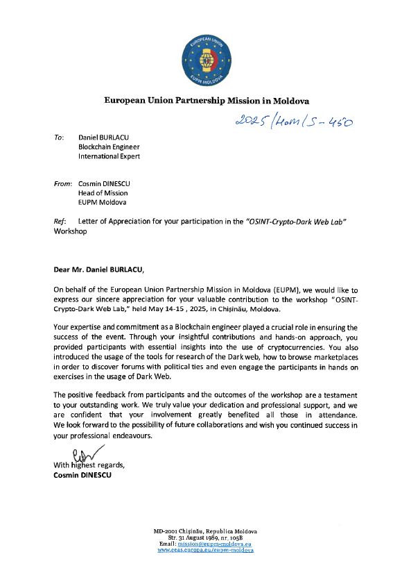Signed EUPM letter of appreciation to Daniel Burlacu for OSINT-Crypto-Dark Web Lab